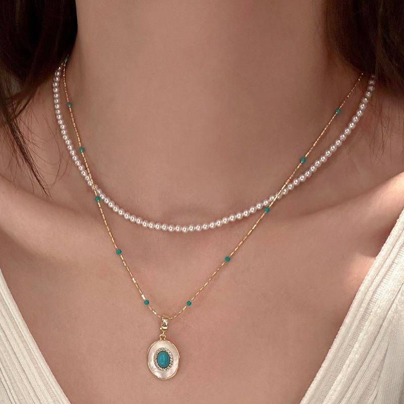 Turquoise Pearl Necklace Stacked Women's Accessories Summer Collarbone Chain High-end Light Luxury Niche Pendant Neck Chain Jewelry