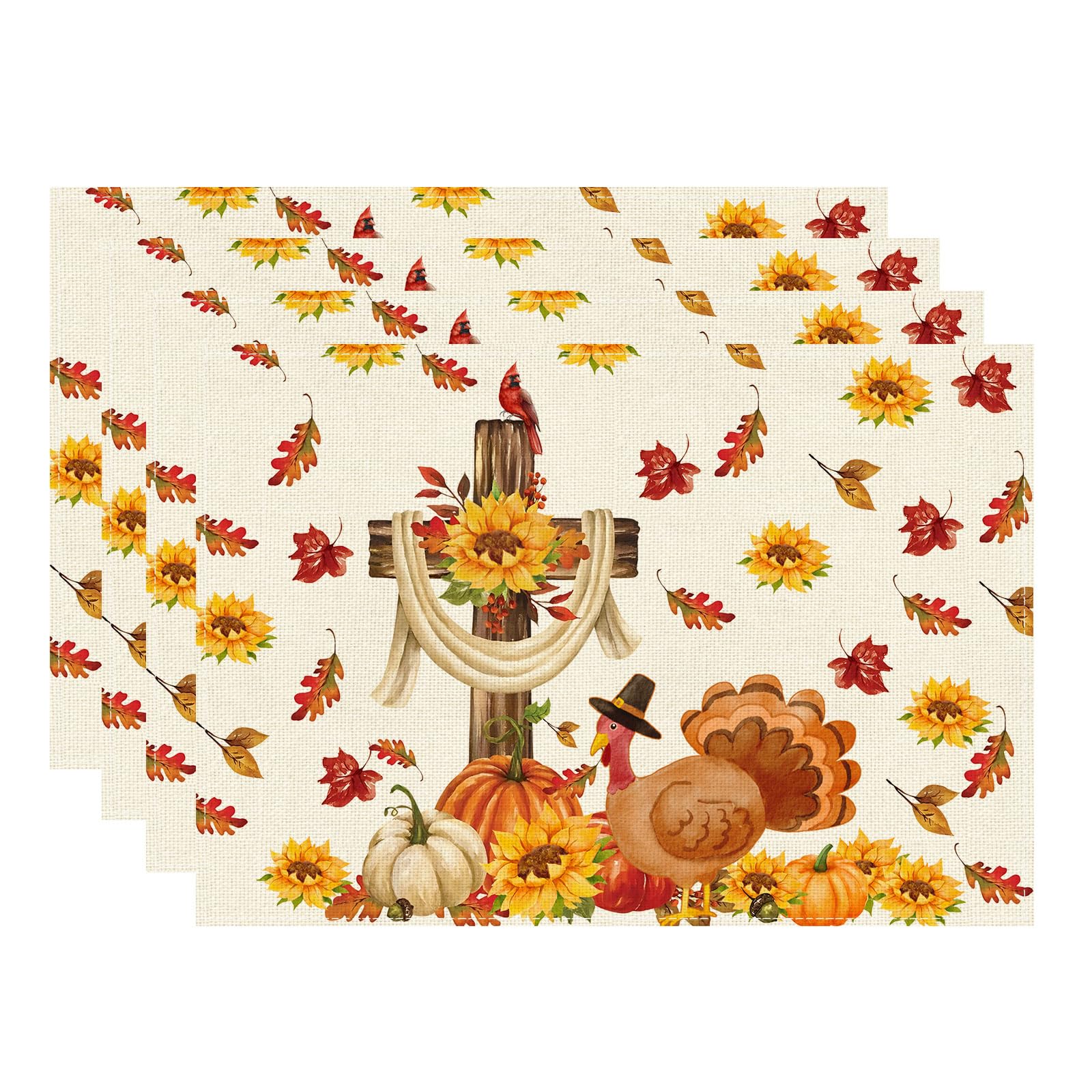 

The Cross Turkey Pumpkin Thanksgiving Fall Placemats Set of 4 Table Mats for Party Home Kitchen Dining Table Decorations 12x18 Inch Placemats Set of 4 （12x18 Inch）