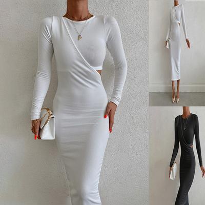 Autumn and Winter Women's Fashion Hollow Solid Color Stitching Asymmetrical Slim Long-sleeved Dress