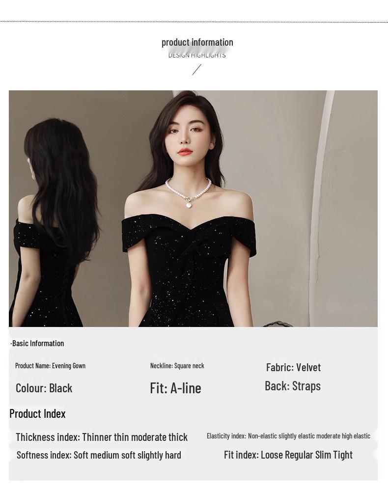 Elegant Black Velvet One-Shoulder Evening Gown - Luxury Slimming Banquet Dress