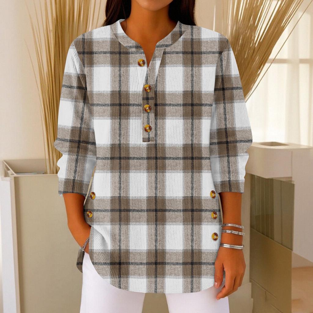 Women's Fashionable Button Collar Long-sleeved Christmas Print Pullover Top