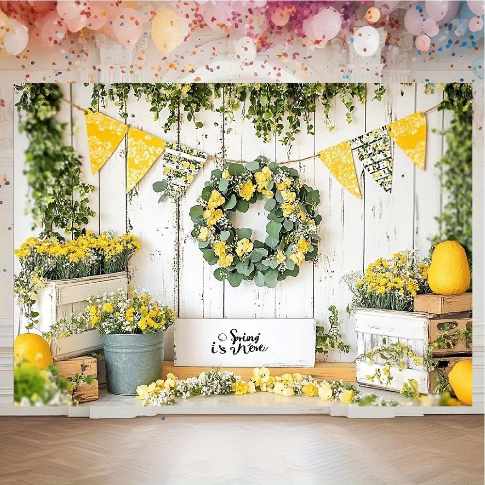 2D plan view, 1 lemonade stand background, decorated with spring flower patterns - yellow