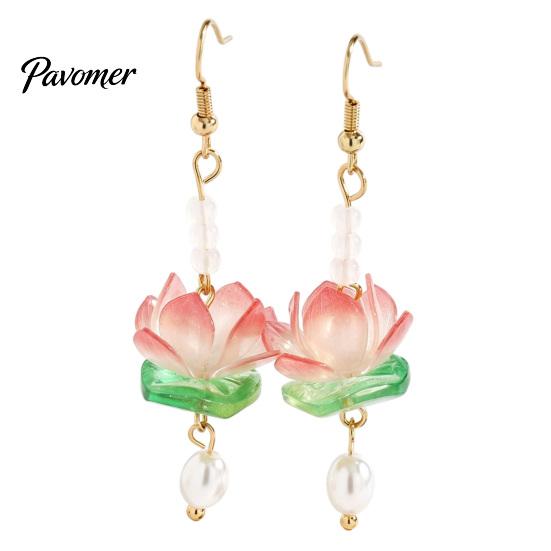 Dangle Pearl Earrings 1 Pair Lotus Flower for Women, Vintage 3D Pink Chinese Style Jewelry Drop Earring, Faux Crystal Floral Hanfu Cosplay Accessories