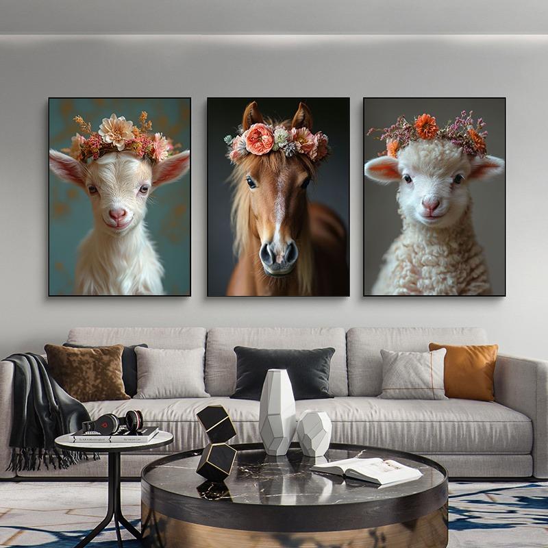 Baby Animals Bunny Goat Pig Dog Horse Sheep Flower Crown Canvas Posters and Prints Wall Art Pictures for Home Kid Room Decor