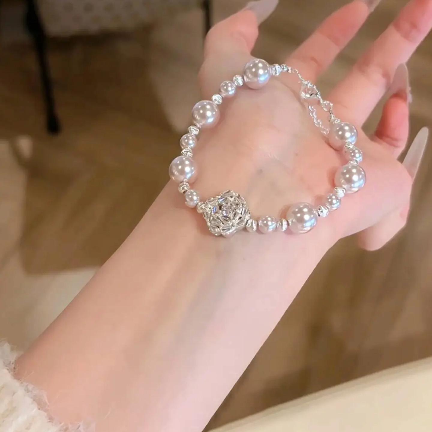 Exquisite French-Style Beaded Zircon & Pearl Flower Bracelet