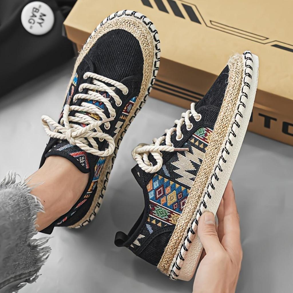 Men's Boho Hemp Sole Shoes - Breathable Casual Vintage Style, Seasonal Wear Embroidered Designs