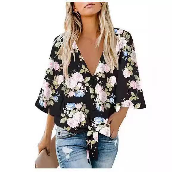 Women's Three Quarter Sleeve Blouse V Neck Elegant Chiffon Top Tie Knot Beach Vacation Shirt