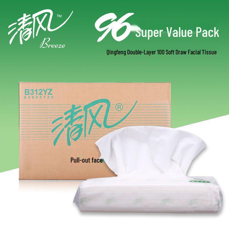 Qingfeng 2-Ply Facial Tissue for Hotel Rooms & Cars, 100 Large Sheets per Pack, Full Case