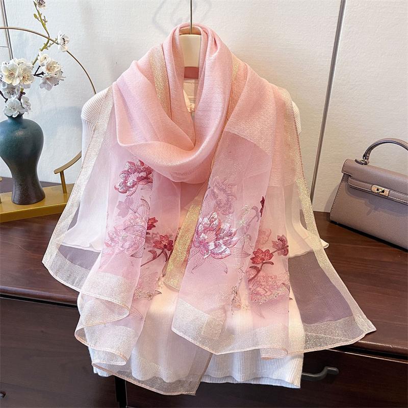 Elegant Long Embroidered Silk Feeling Scarf Women'S Fashion Spring New Style Shawl Wrap Outerwear Trendy Floral Pattern Stylish