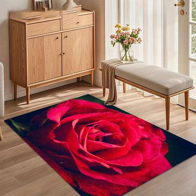 Red Rose Floral Area Rug for Living Room Bedroom Romantic Botanical Elegant Home Decor Soft Non Slip Washable Floor Mat