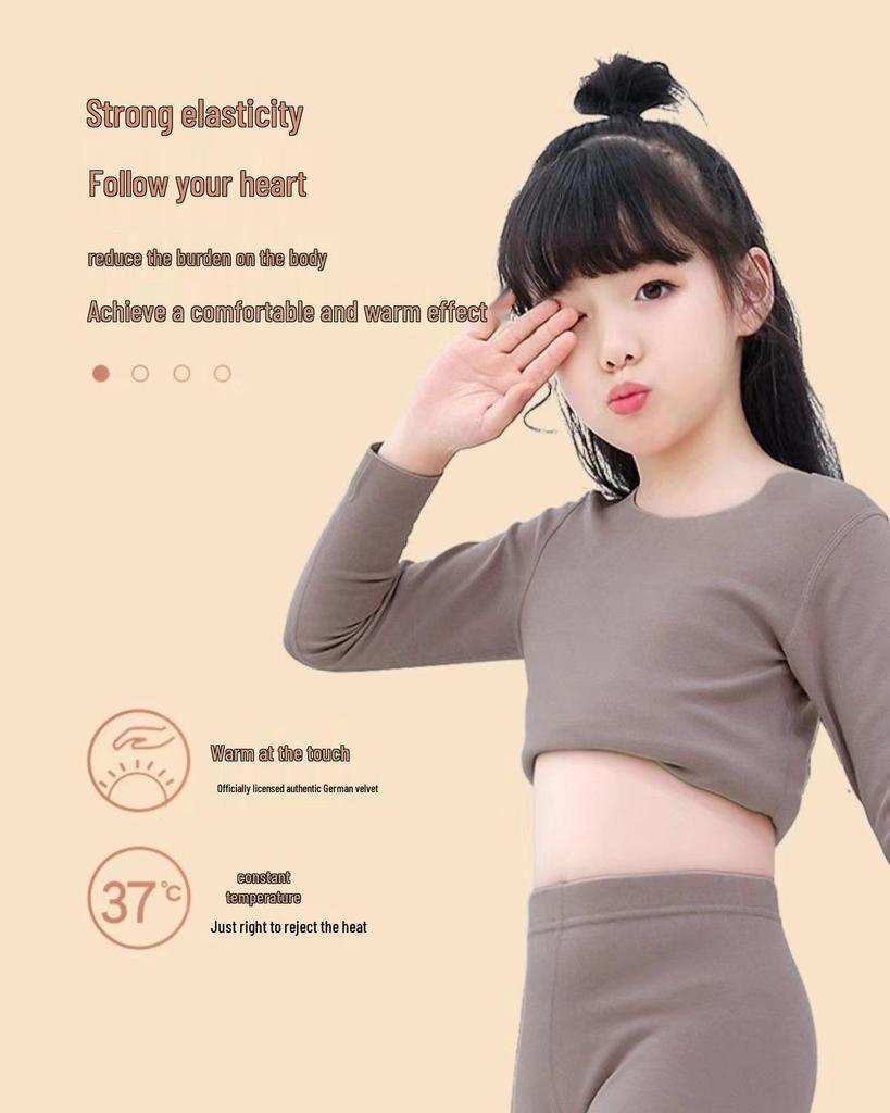 Girls' Fleece-Lined Thermal Underwear Set for Fall and Winter