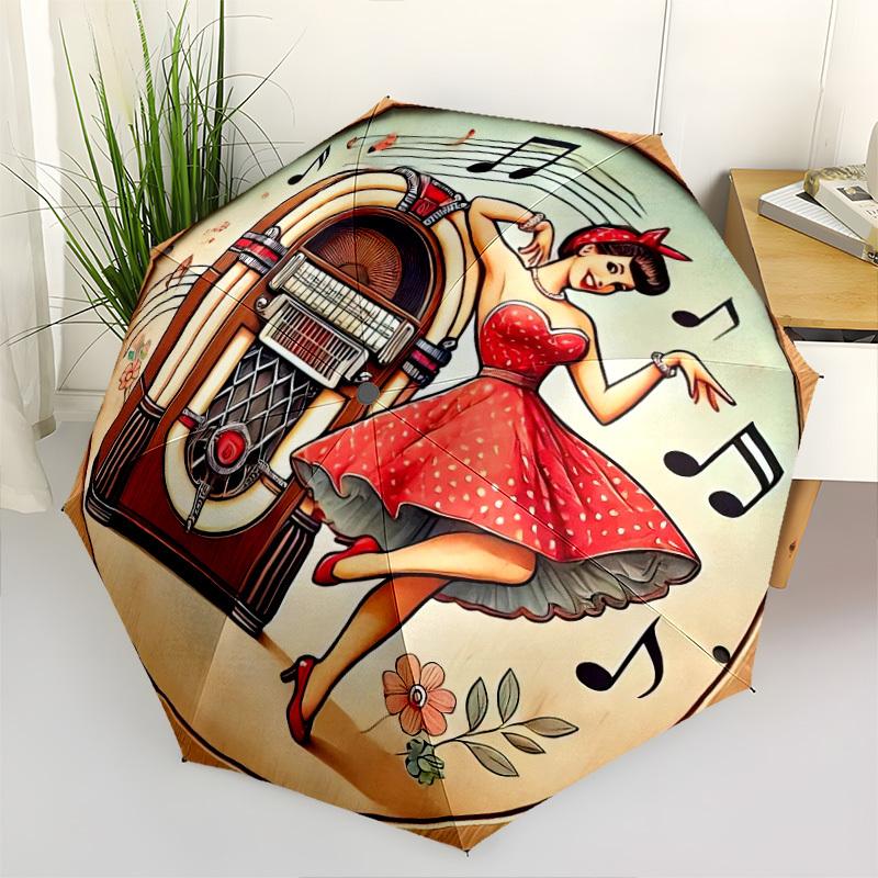 Portable Folding Umbrella with a Retro Jukebox Pin-Up Girl Design,Featuring a Sturdy Iron Frame And an 8-Rib Structure,Perfect for All Seaso