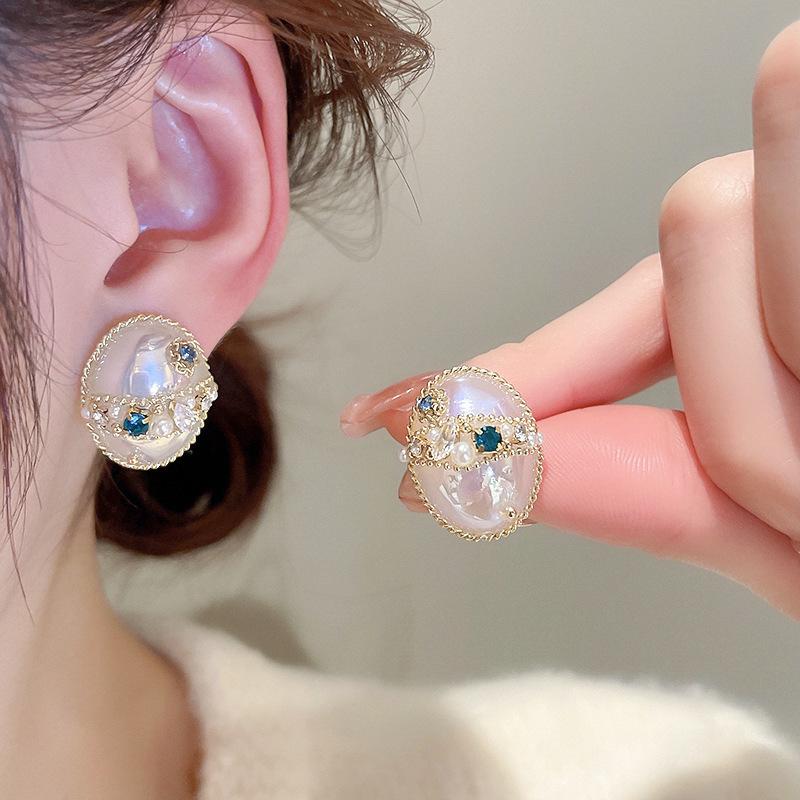 Zircon Mermaid Ji Pearl Geometric Oval Earrings French Light Luxury Premium Stud Earrings Temperament Earrings