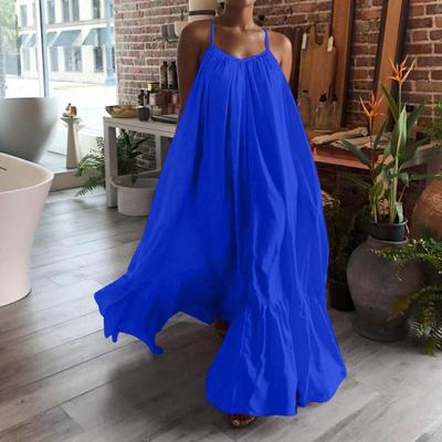 Women Casual Solid Strap Dress Pocket Loose Backless Big Swing Dress