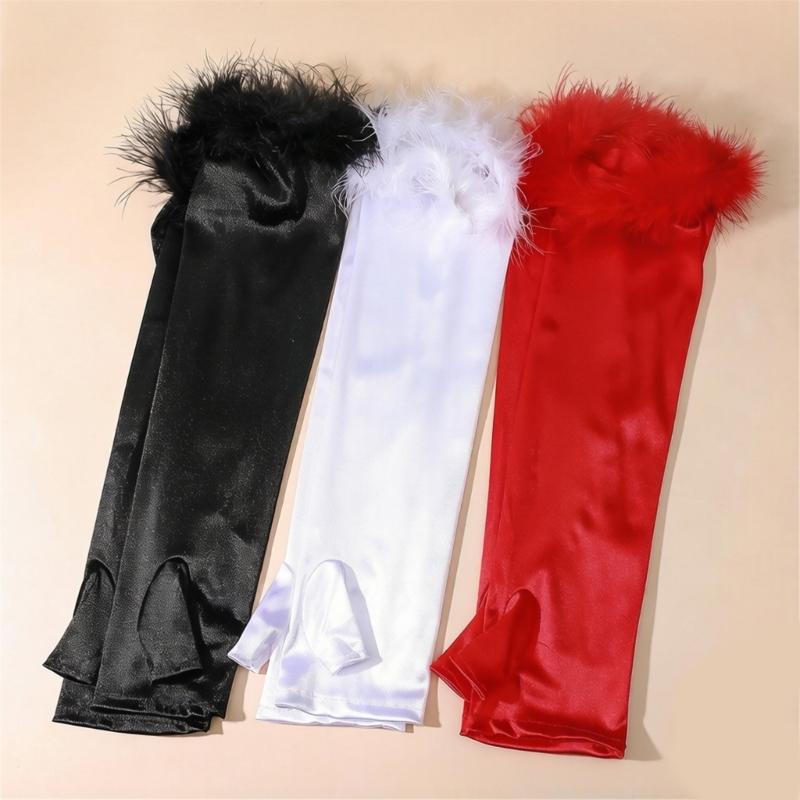 Wedding Gloves Proms White Gloves Feather Long Gloves for Operas Women Lady Proms Costume Accessories