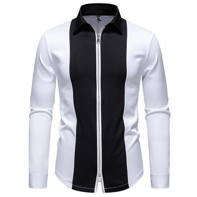 Lente Mode Rits Design Heren Overhemd Zwart Wit Kleurblok Lange Mouw Overhemden Mannelijk Casual Zakelijk Kantoor Werkoverhemd