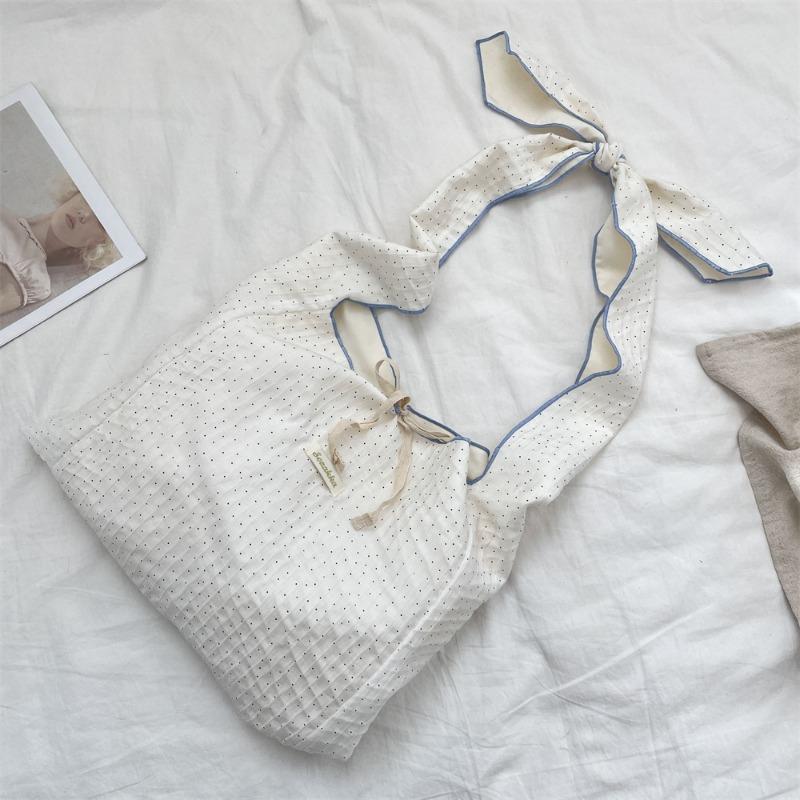 1 Texture Pleated Polka Dot Shoulder Messenger Bag Fresh Versatile Canvas Bag Women's Adjustable Lace-up Cloth Bag