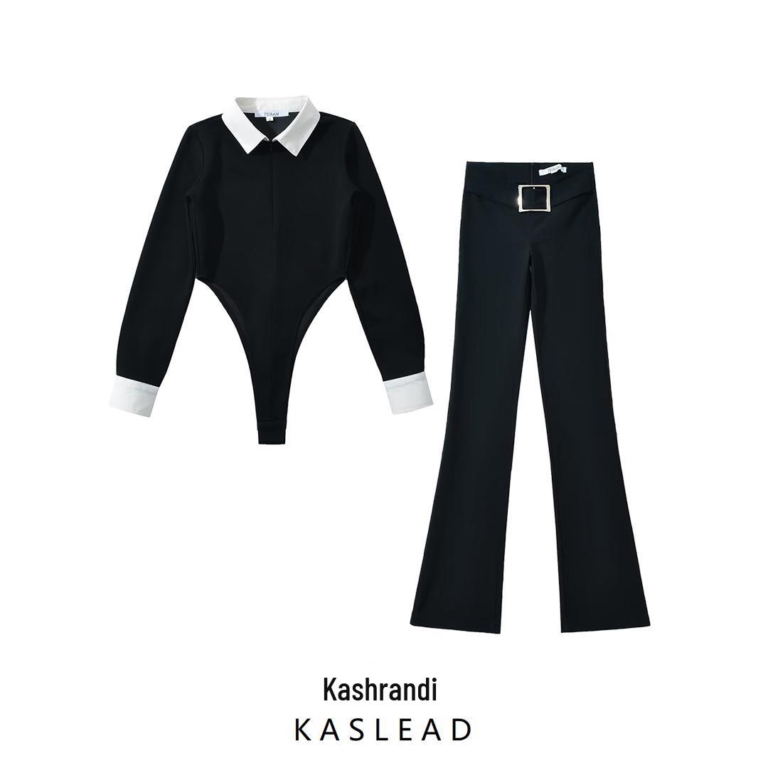 

2025 Spring Women s European and American Style Black & White Color Block Long Sleeve Top and Slim Fit Pants Set Medium