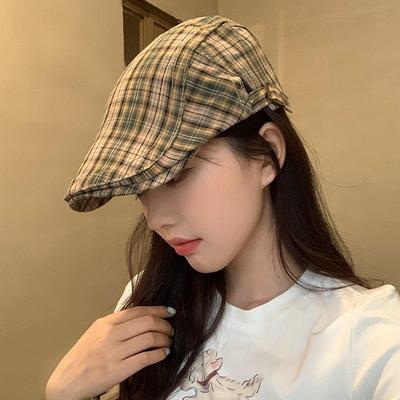 Women Vintage Plaid Beret Hat Soft Cotton Long Brim Sunshade Grid Forward Hat Y2K Japanese Girls Painter Artist Cowboy Caps