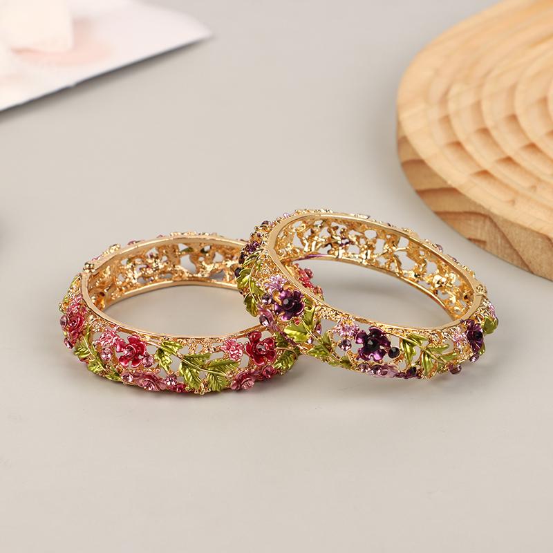 Colored Ethnic Style Flower Bangles Alloy Openwork Engraving Vintage Open Bracelets For Women Jewelry Gift