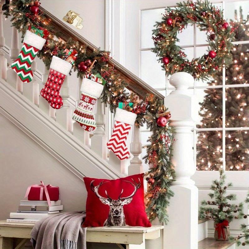 4 Pairs Festive Knitted Christmas Stockings - Decorative Hanging Socks with Holiday Motifs, Snowflakes, Christmas Clothes, Christmas Decor