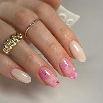 24Pcs Almond Press On Nail Flower French Fake Nails Acrylic False Nails Artificial Nail Glue On Nail for Womens Girls