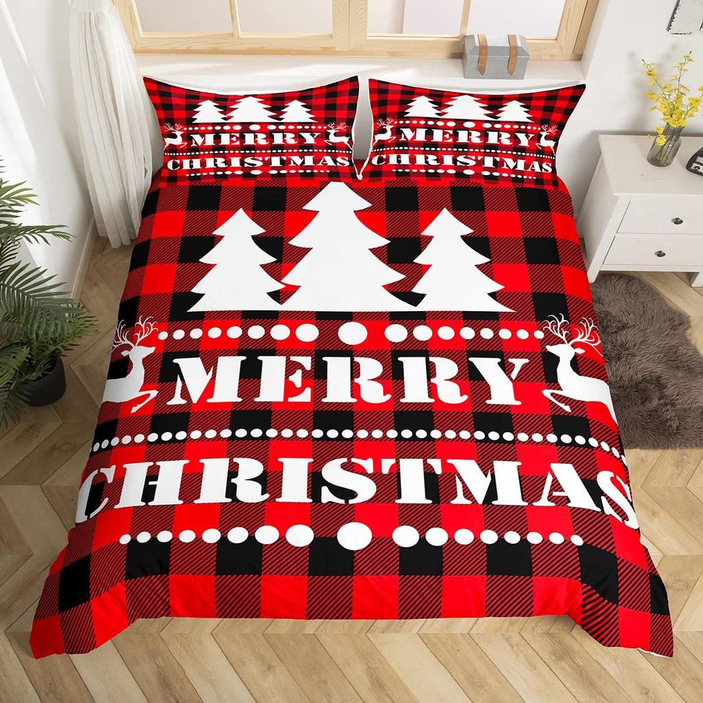 Merry Christmas Duvet Cover Set,Red Buffalo Checked Rustic Truck Comforter Cover,Plaid Xmas Tree Elk Deer Snowflake Bedding Sets