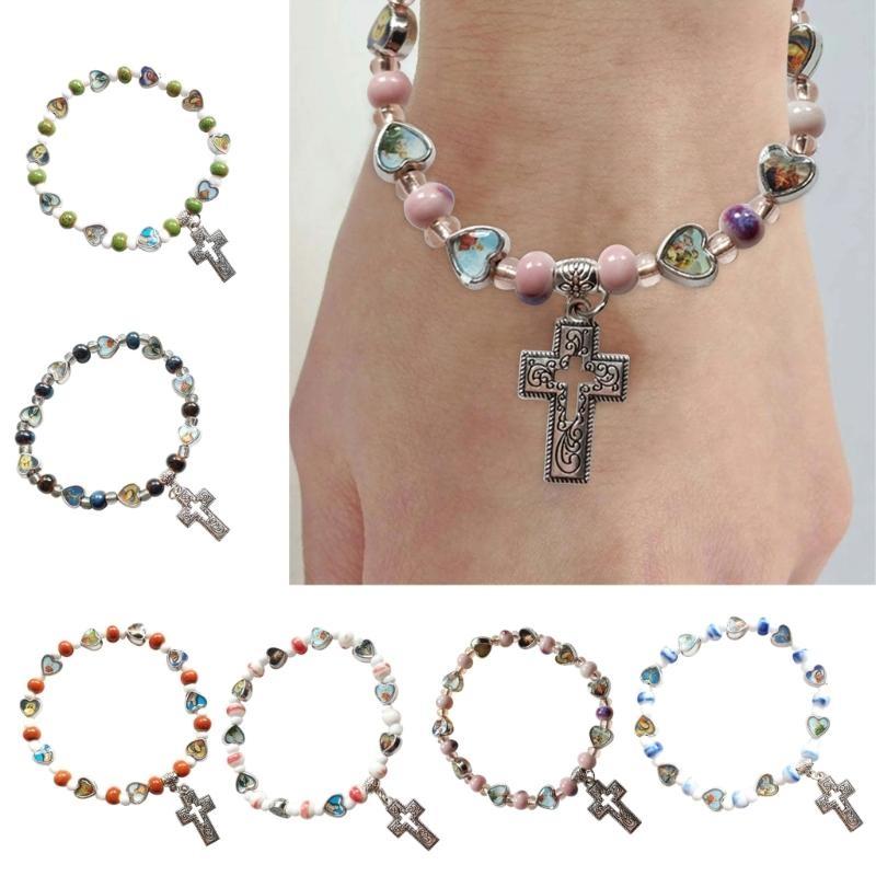 Jesus Cross Rosary Bracelet Lady Virgin Mary Jesus Cross Handmade Bead Chain Rose, Sacred Heart Compassion Rosary Bracelet Gift