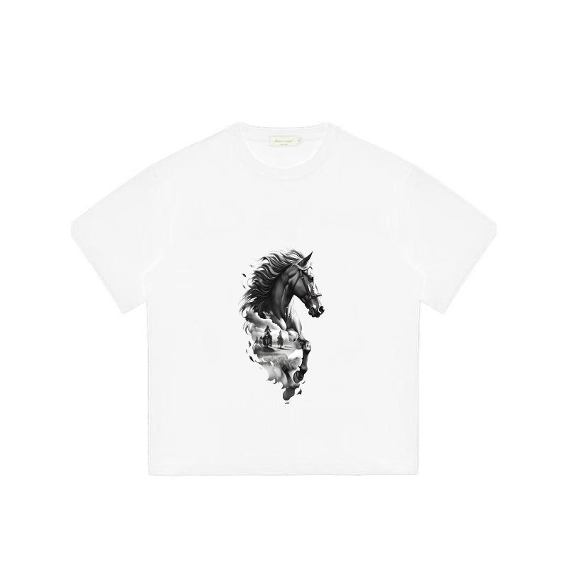 Black T-Shirt With Horse And Landscape Print For Casual Wear