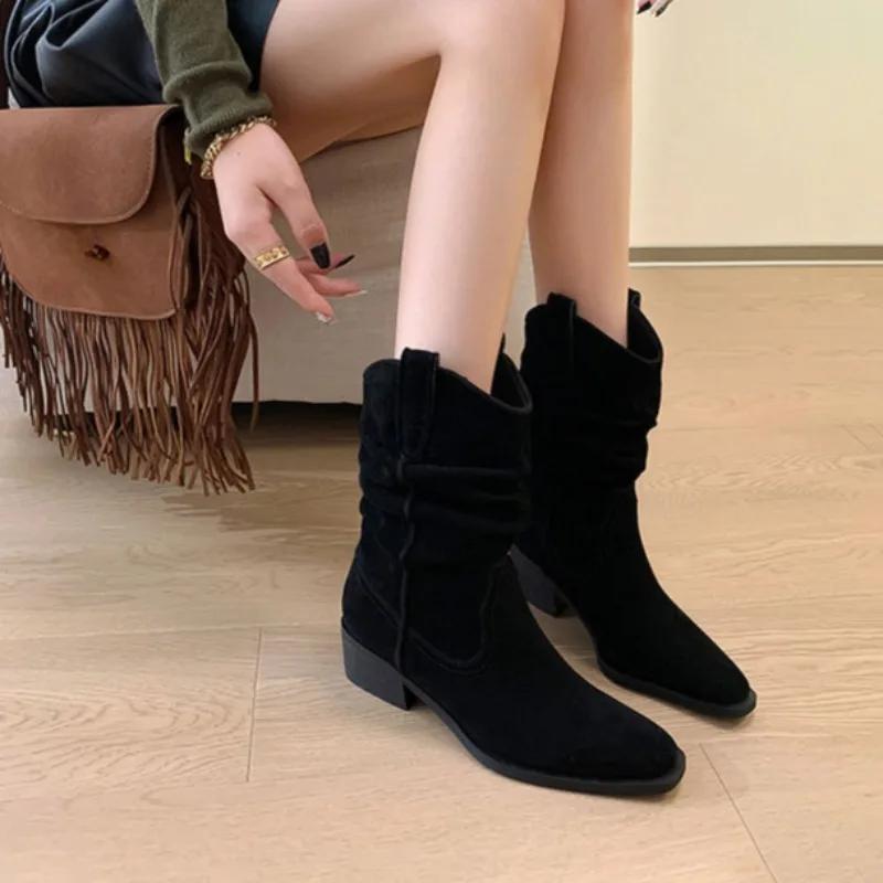 Fashion Spring Autumn Retro Square Toe Ladies Mid Calf Shoes on Promotion Y2k 2024 Comfortable and Elegant Work Women's Half High Boots