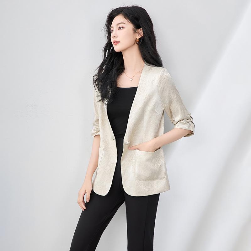Women's Light Luxury Jacquard Ruched Sleeve V-Neck Lace Blazer