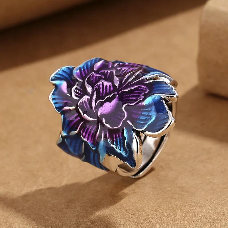 Vintage Ethnic Style Enamel Fired Blue Peony Flower Adjustable Ring for Women  Floral Luxury Party Vacation Jewelry Gifts