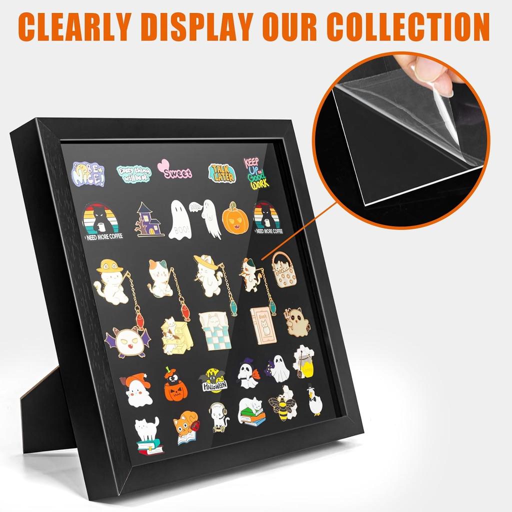 Enamel Pin Display Frame, 11x11 Shadow Box for Wall and Tabletop Display, Pin Collection Display, Pin Holder, Black