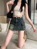 2024 Summer American Retro High-Waist A-Line Denim Skirt with Pockets