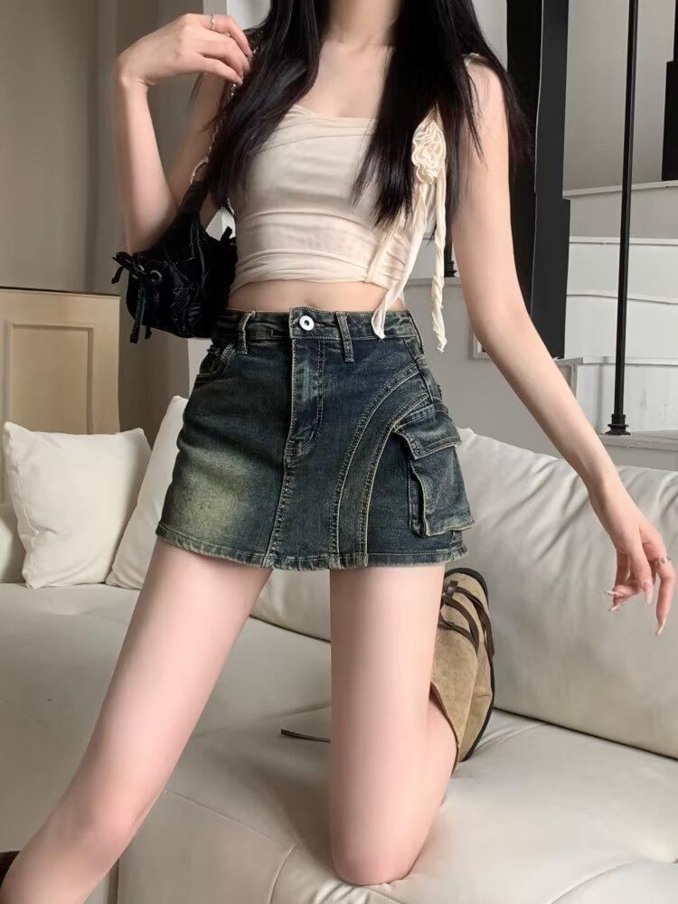 2024 Summer American Retro High-Waist A-Line Denim Skirt with Pockets