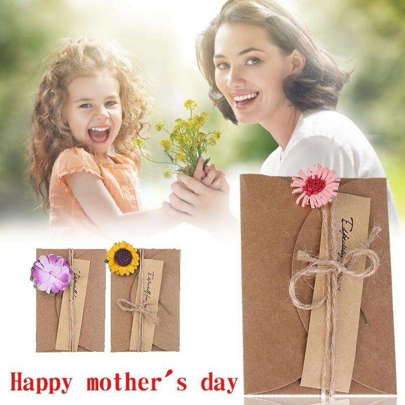 Funny Kraft Paper Handmade Dried Flowers Holiday  Greeting Cards 4 Pcs