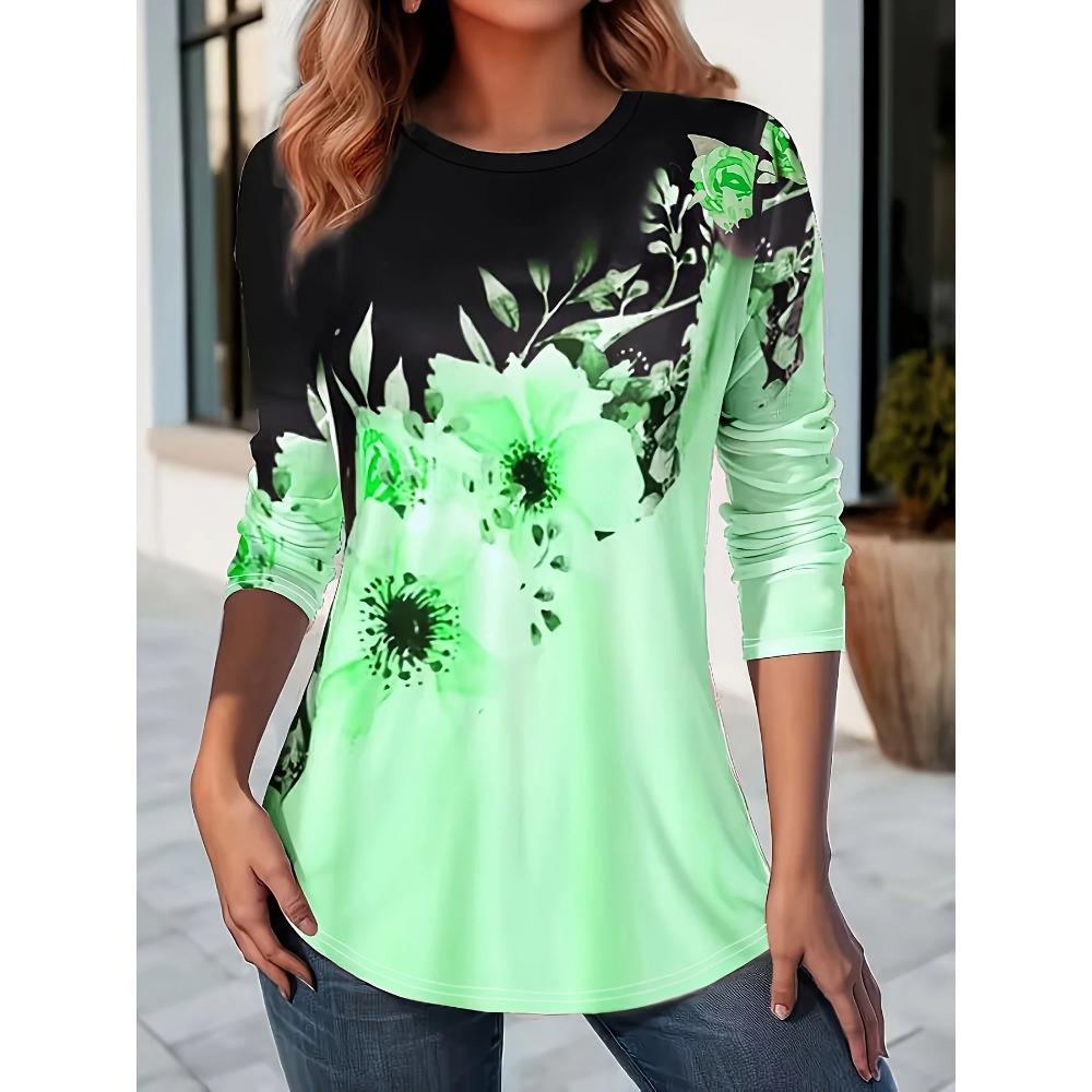 Spring and Autumn Round Neck Floral 3D Printed Top Fashionable Casual Long Sleeved Women's T-shirts
