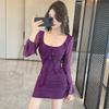 Purple Ruffle Long Sleeve Mesh Dress - Autumn Slim Fit, Waist-Cinching Hip Hugging Skirt