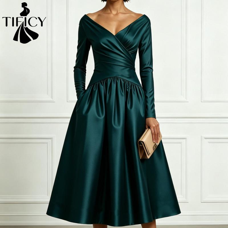 TIFICY Moda feminina primavera outono cor sólida estampa manga comprida decote em v cintura alta vestidos casuais