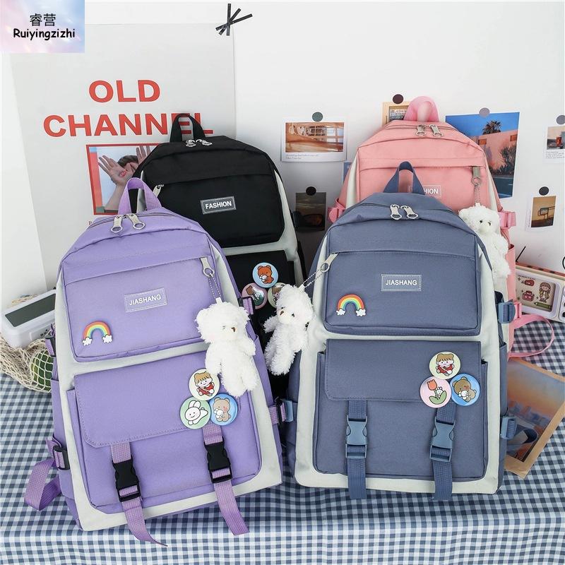 Modischer Mehrzweck-Rucksack, vierteilig, für Mittel- und Oberstufenschüler auf dem Campus, Schultasche, neuer Rucksack mit Bärenanhänger für Schüler