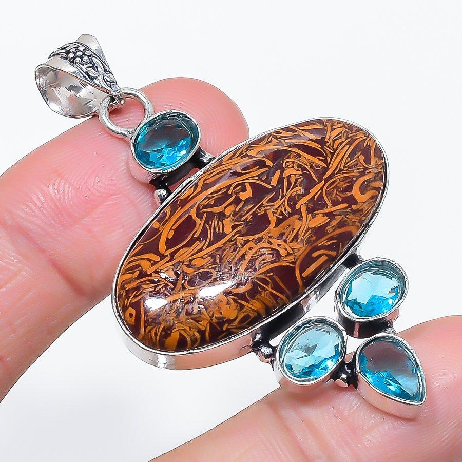 Natural Mariposite, Topaz 925 Sterling Silver Jewelry Pendant 2.40" s6u23