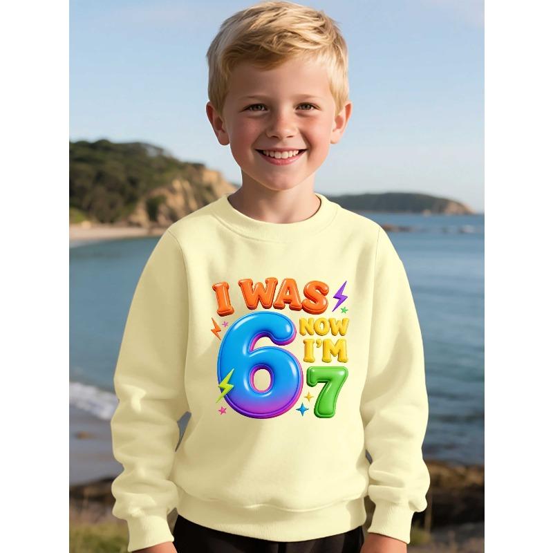 Kids Unisex Crewneck Sweatshirt, I Was 6 Now I'm 7 Rainbow 3D Number Lightning Star Print Long Sleeve Pullover, Sweatshirts for Boys Girls Ages 4+