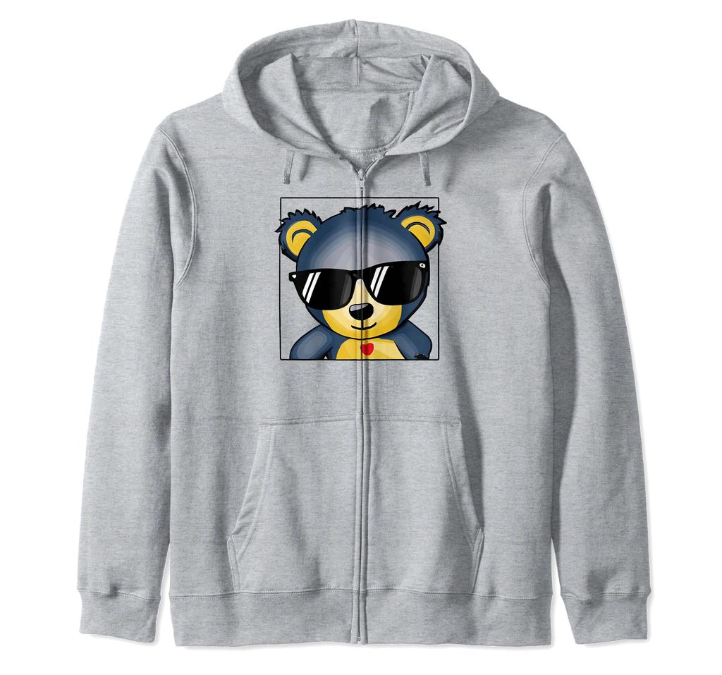 Cute Teddy Bear Zip Hoodie with Sunglasses