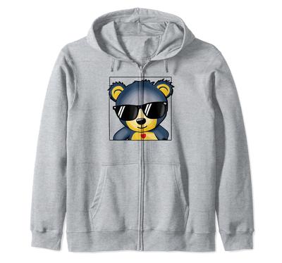 Süßer Teddybär Reißverschluss-Kapuzenpullover mit Sonnenbrille