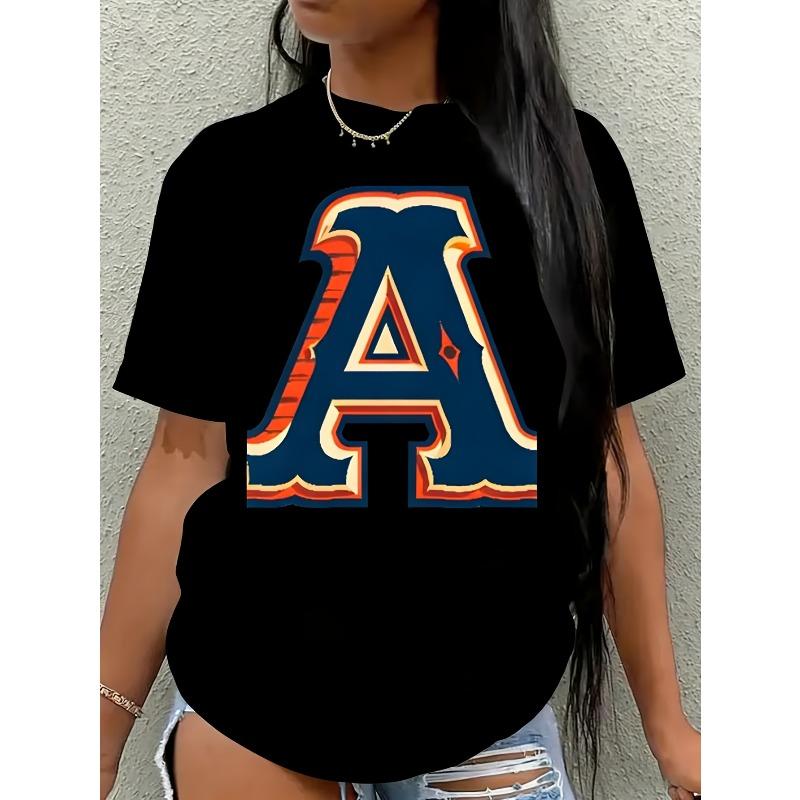 

Vintage Varsity Letter A Graphic T-Shirt, American Collegiate Style Women S Short Sleeve Top, Retro Alphabet Print Tee, 4XL чорний