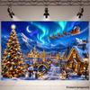 2D flat banner background for a Christmas snowscape town-themed party with a decorated Christmas tree includedzyc