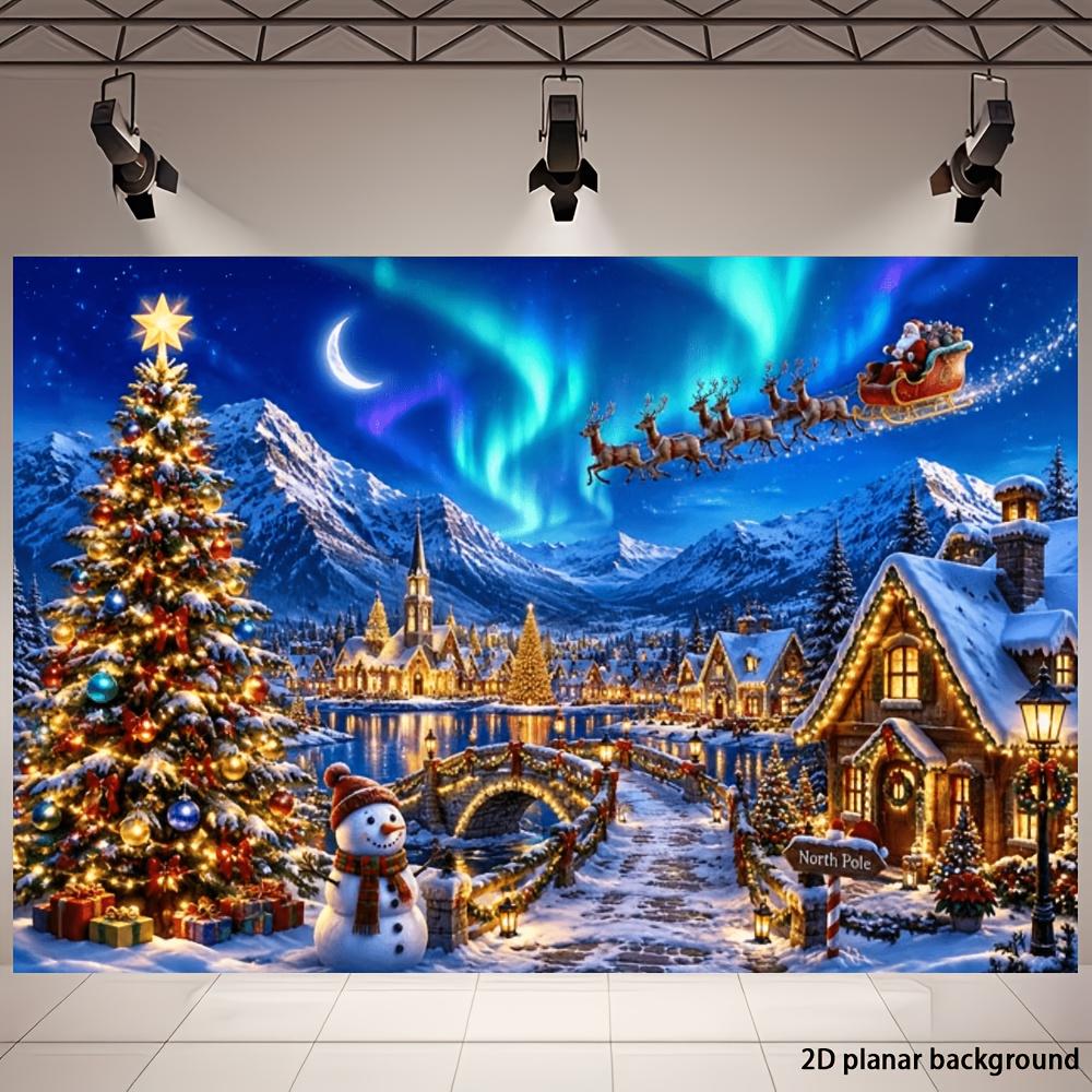 2D flat banner background for a Christmas snowscape town-themed party with a decorated Christmas tree includedzyc