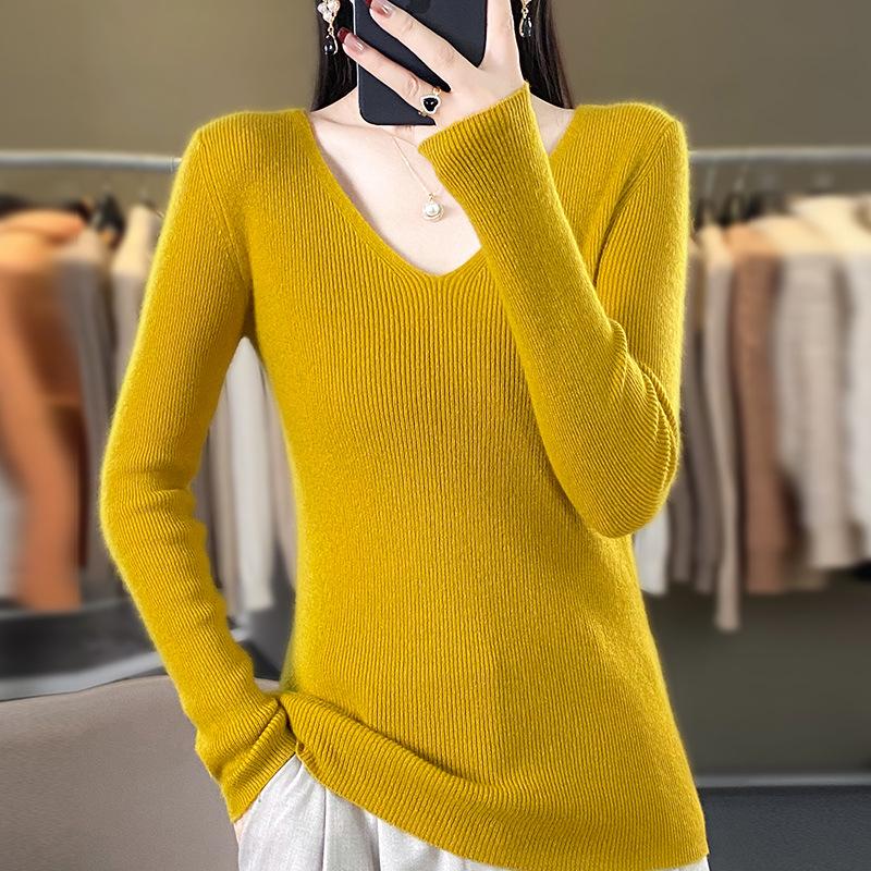 2024 Spring/Autumn Women's Slim Fit V-Neck Long Sleeve Knitwear - Korean Style Trendy Base Layer