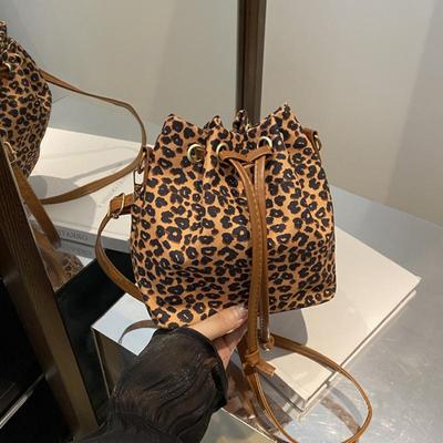 Chic Leopard Print Drawstring Bucket Bag - Versatile Crossbody & Shoulder Purse for Women Polyester Lined for Autumn Spring KTY