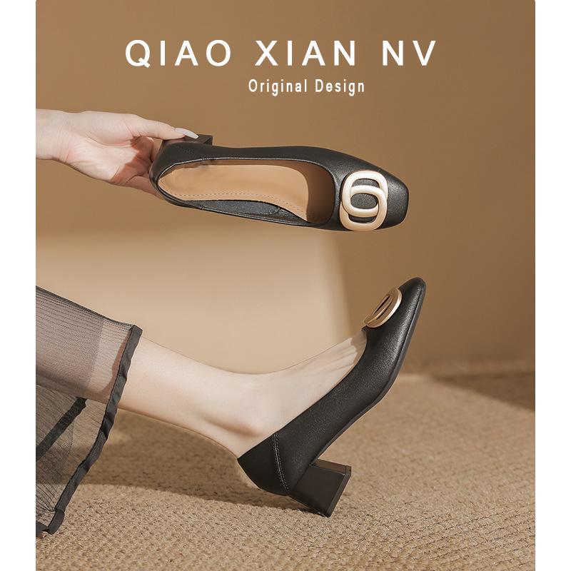 Giant soft~ French leather square head soft leather single shoes versatile temperament thick heel light mouth spring and autumn shoes professional